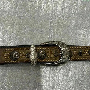 [Length42”]Vintage Sand Castle Stud Unisex  Gold Tone Leather Belt